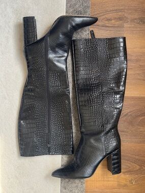 BCBG Black Croc-Embossed Knee-High Boots